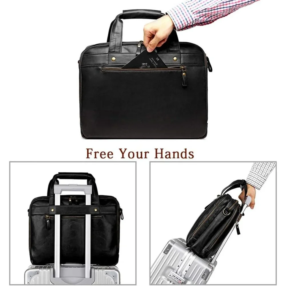 Men's Black Leather Waterproof laptop bag 15.6 Inch